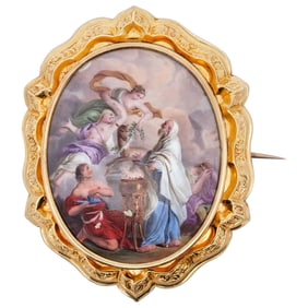 Antique 18k Yellow Gold & Porcelain Brooch
