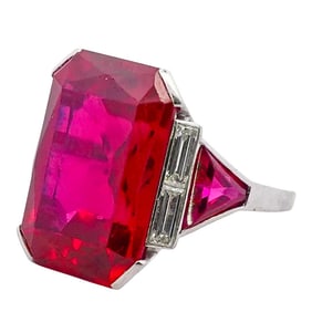 Platinum, Lab Grown Ruby, and Diamond Ring
