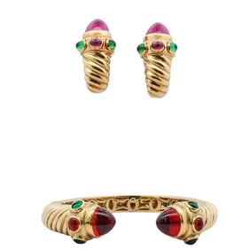 (3 Pc) 18k Gold, Ruby, and Emerald Earrings & Bracelet