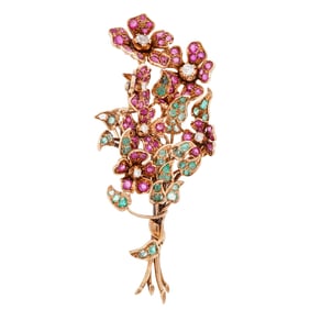 18k Gold, Diamond, Ruby, & Emerald Floral Brooch