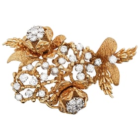 Signed 18k Gold and Diamond Floral Brooch