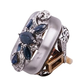 Unusual Brutalist 14k Gold, Rock Crystal, Sapphire and Diamond