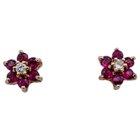 Pair 14k Gold, Diamond, & Ruby Earrings