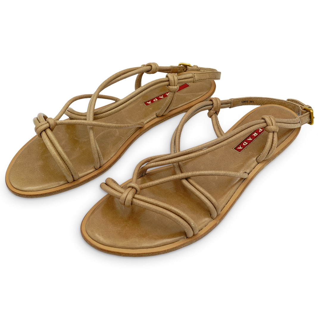 Prada 'Calzature Donna' Cammeo Sandals (36 1/2): DESCRIPTION: Prada 'Calzature Donna' Cammeo sandals with gold toned hardware. Includes original box. (Size: 36 1/2) CIRCA: 20th Cent. ORIGIN: Italy DIMENSIONS: Size 36 1/2 CONDITION: Great overall con