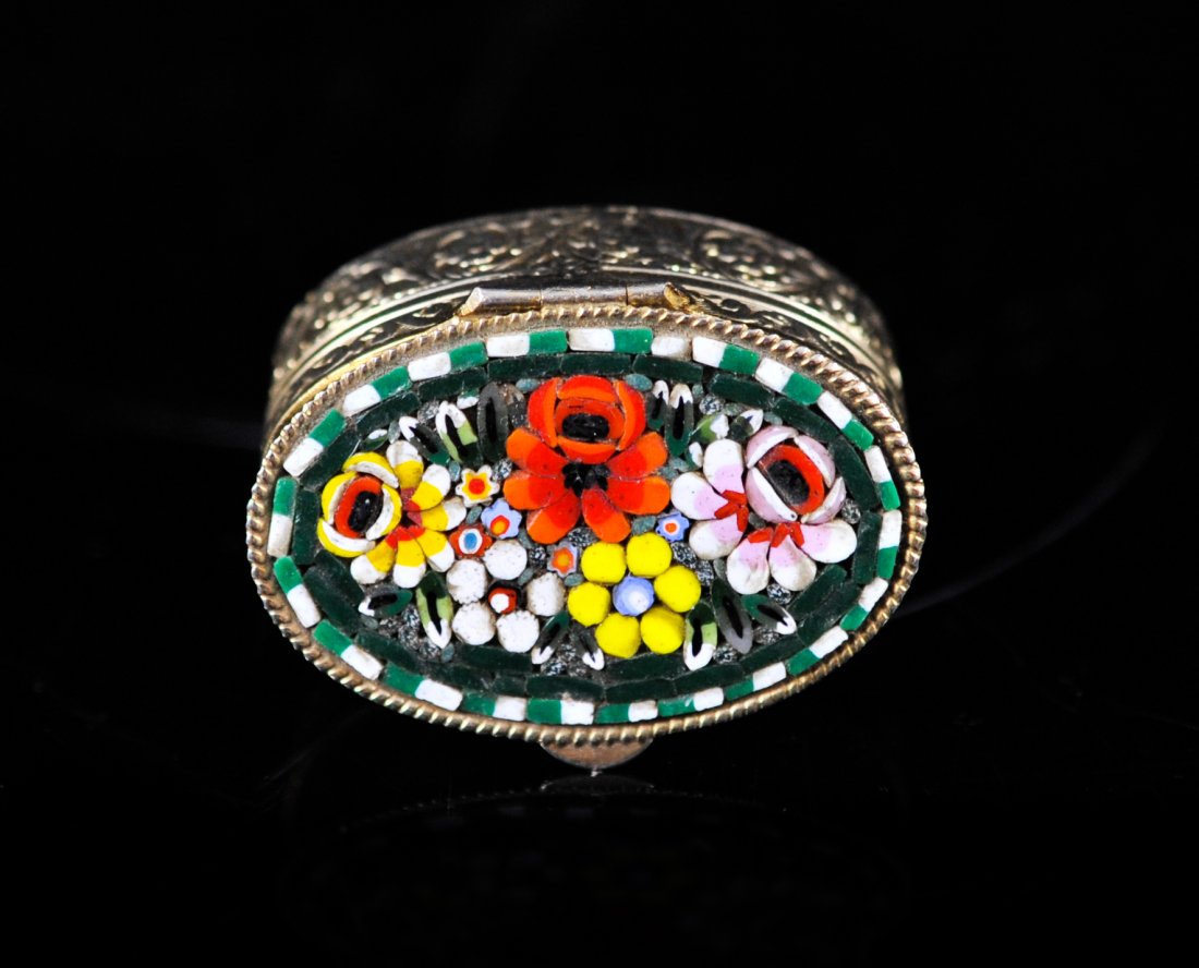 Vintage Italian floral micro mosaic pill box: DESCRIPTION: Vintage Italian floral micro mosaic pill box. Engraved metal body with a micro mosaic floral arrangement on the lid. All tiles accounted for. Gorgeous CIRCA: 1940's-1960's ORIGIN: Italy D