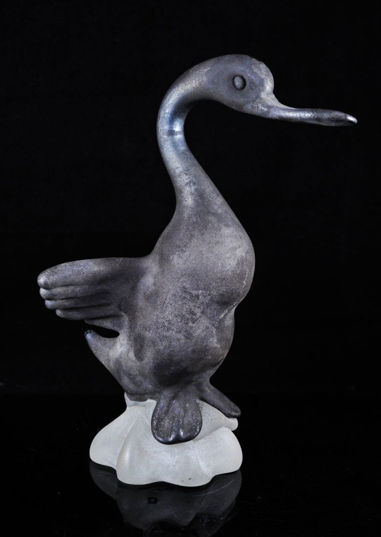 Gino Cenedese Murano metal and glass bird: DESCRIPTION: Gino Cenedese Murano metal and glass bird. Vintage metal swan figure spreading it's wings and finished in a silver matte patina. It stands a top a frosted glass base signed underneath "Ce
