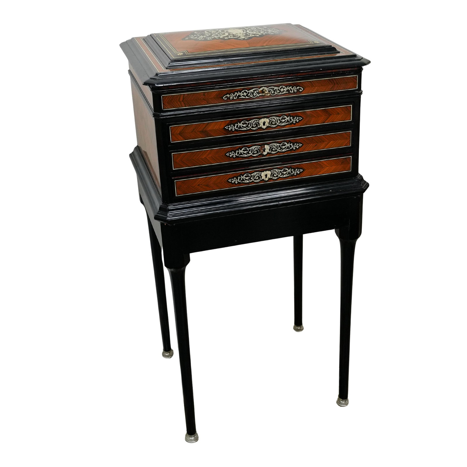 Antique French Marquetry Inlaid Jewelry Cabinet: DESCRIPTION: Antique French marquetry inlaid jewelry cabinet in two parts, composed of a wood crafted foundation with three stacked drawers each designed with inlaid bone intertwined decorative detail