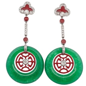 Art Deco Platinum Jade Diamond Enamel Earrings Possibly Cartier