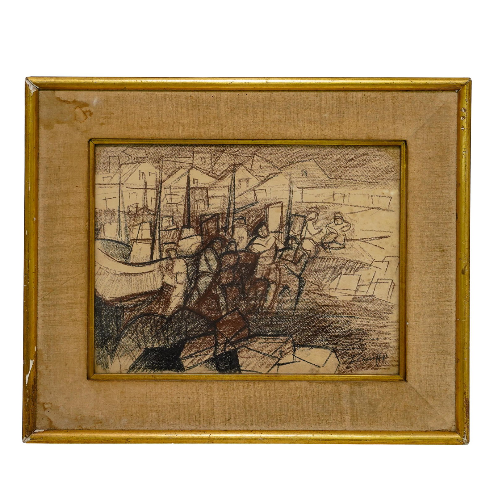 Attrib. to Leon Kossoff (English, 1926-2019) Charcoal on Paper: DESCRIPTION: Attributed to Leon Kossoff (English, 1926-2019) Charcoal on paper, featuring an abstract or semi cubist depiction of a harbor scene with boats, people, and buildings in the background. Ma