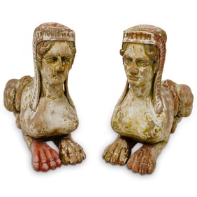 Pair of Carved Wood Neoclassical Sphinx Sculptures
