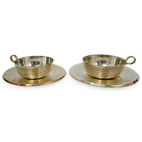 (4 Pc) Christofle Silver Plate Coffee Cups & Saucer Plates