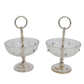 (2 Pc) Christofle Silver Plate & Glass Small Handled Candy/Nut Bowls