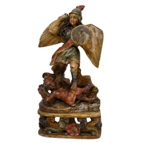 Antique Spanish Colonial Alabaster Figure of Archangel Michael Defeating Satan