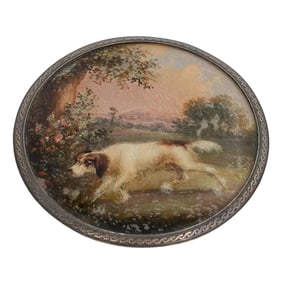 Antique Reverse Painted Glass Miniature Dog Portrait