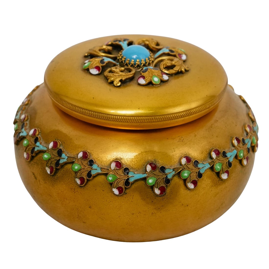 Antique Gold Filled and Enamel Rounded Box: DESCRIPTION: Antique gold filled rounded lidded box, featuring a bulbous body with intricate enamel work consisting of scrollwork, forming a garland like pattern. The lid has an elaborate, raised flor