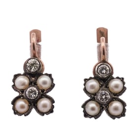Russian Imperial 14k Gold, Pearl, and Diamond Earrings