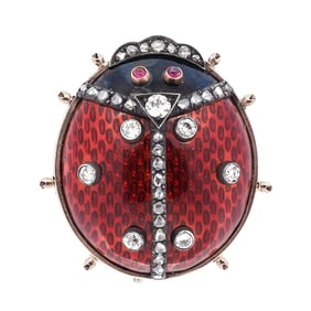 Faberge 14k Gold, Enamel, Diamond, and Ruby Ladybug Brooch