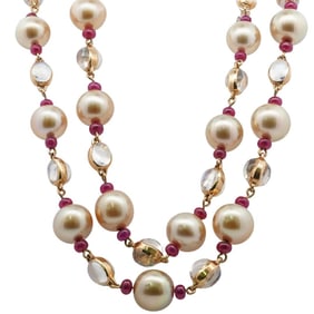 18k Gold Pearl Ruby and Moonstone Necklace