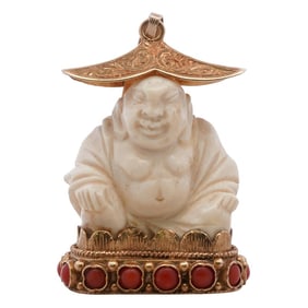 18k Gold Coral and Carved Buddha Pendant