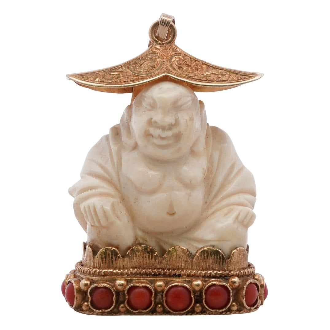 18k Gold Coral and Carved Buddha Pendant (1 of 4)