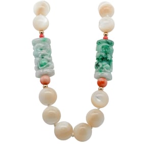 Chinese 14k Gold Agate Coral and Jade Necklace