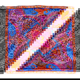 Hermes "Le Jardin De La Maharani" Silk Scarf: DESCRIPTION: This Hermes silk scarf signed "Le Jardin de la Maharani". Designed by Annie Faivre. Has a design with a deep blues, purples, oranges, and pinks. The central motif showcases swirling paisl