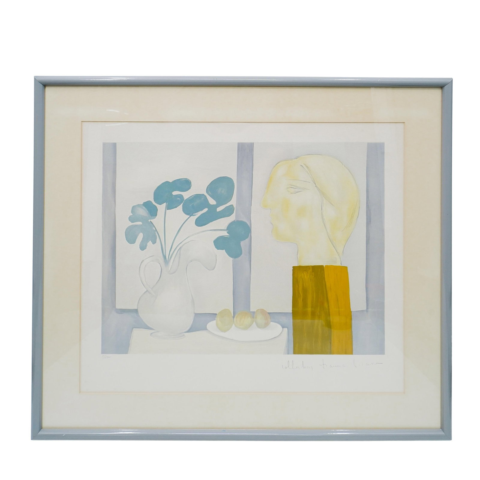 Picasso Collection (Spain, 1881-1973) Lithograph: DESCRIPTION: This lithograph appears to be from a posthumous Picasso collection. The image features a sculpted bust on a wooden pedestal, a still life arrangement with a pitcher and leaves, and a plat