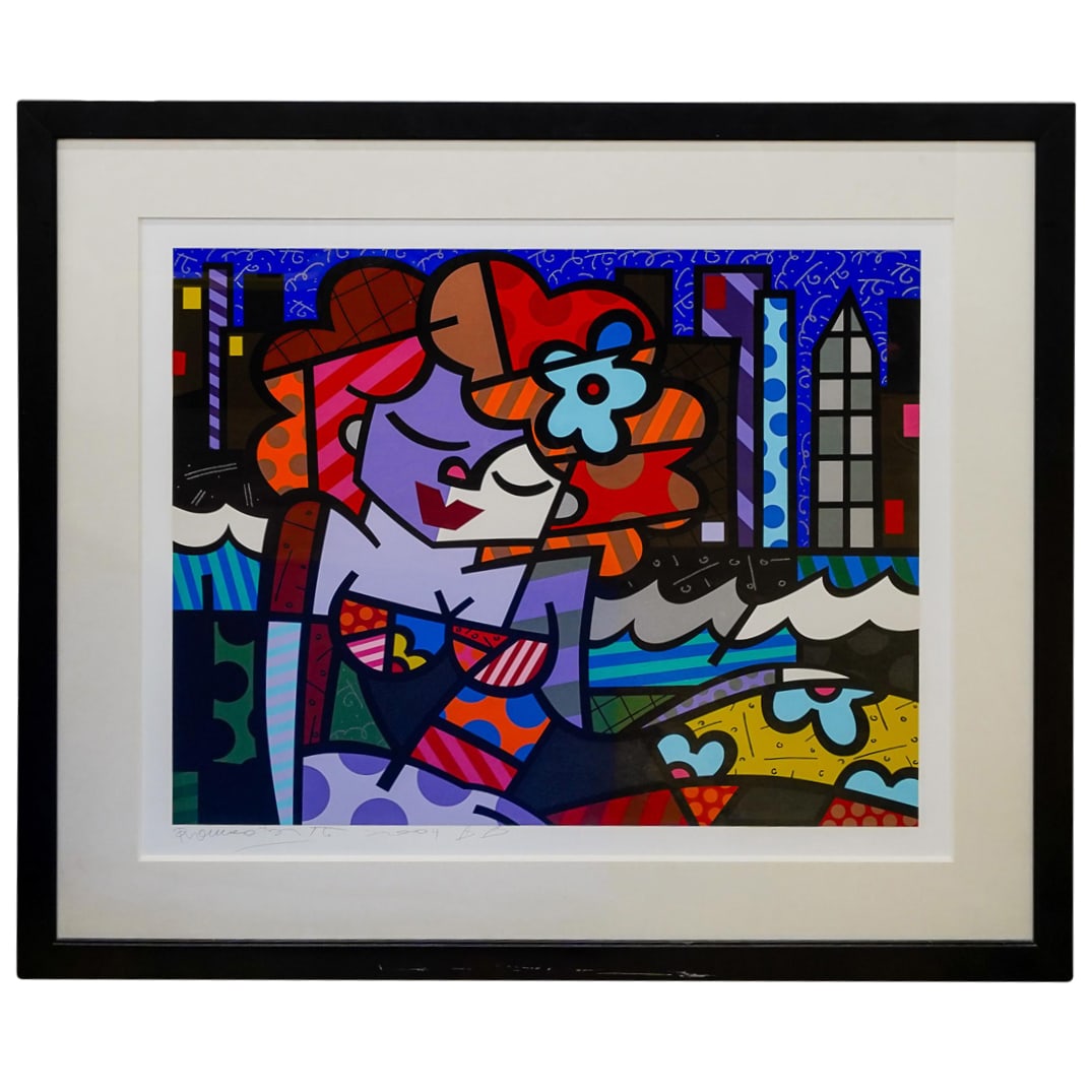 Romero Britto (Brazilian, B. 1963) 'Downtown Girl' Serigraph: DESCRIPTION: Romero Britto (Brazilian, B. 1963) Colored serigraph with diamond dust embellishment, pencil signed lower margin. Matted and framed. CIRCA: 2000's ORIGIN: Brazil DIMENSIONS: (Image) H: 30