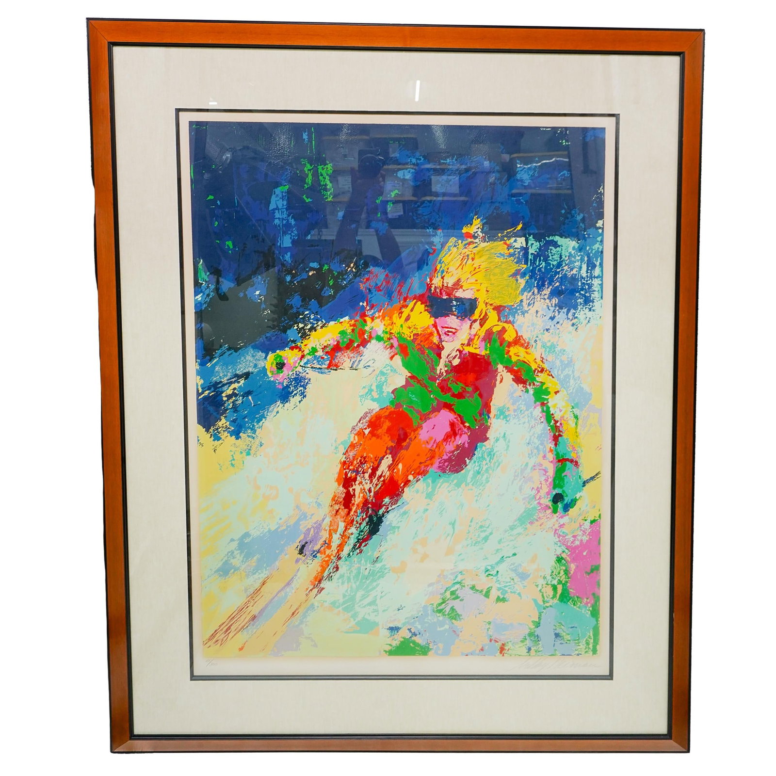 Leroy Neiman (American, 1921-2012) Skier Lithograph: DESCRIPTION: Leroy Neiman (American, 1921-2012) Lithograph in vibrant colors on paper depicting lady skier. Signed in pencil bottom right and numbered bottom left "111/300" Matted and framed. CIRCA: 1
