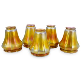 (5 Pc) Steuben Gold Aurene Ribbed Glass Lamp Shades