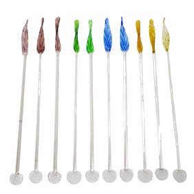 (10 Pc) Murano Art Glass Multi Colored Feather Drink Stirs