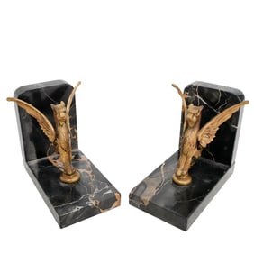 Pair Vintage Continental Brass & Marble Griffin Bookends