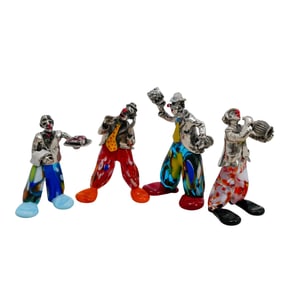 (4 Pc) Sterling Silver Murano Glass Clown Sculptures