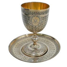 Antique French Export Silver Chalice & Plate w/ Case