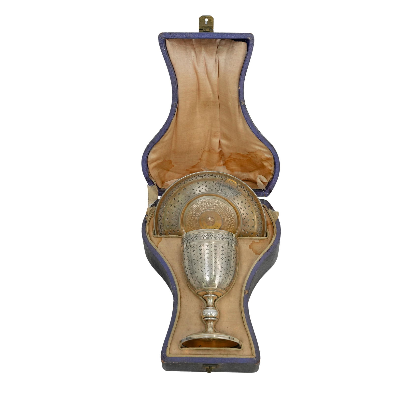 Antique French Export Silver Chalice & Plate w/ Case: DESCRIPTION: Antique French export silver chalice goblet and plate, by silversmith 'Philippe Berthier'. Decorated with etched motif. Monogrammed. Marked with 'Philippe Berthier' and Mercure hallmarks.