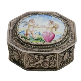 Antique Silver and Enamel Cherub Box