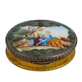 Italian Vermeil 800 Silver Pillbox W/ Enameled Pastoral Scene