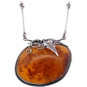 Vintage Sterling Silver Amber Necklace