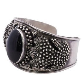 Signed Vintage Sterling Silver and Onyx Cuff Bracelet