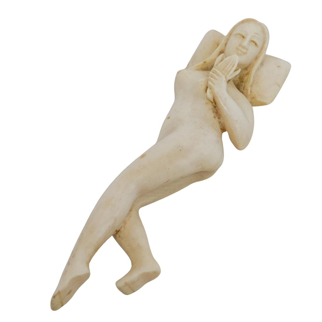 Antique Chinese Carved Bone Medical Doll: DESCRIPTION: Antique Chinese carved bone medical doll, also known as a diagnostic doll or "Doctor's Lady". This is a small sculpture of a nude female figure, reclining on a pillow holding a flower in