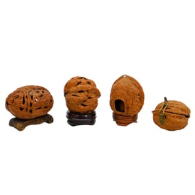 (4 Pc) Vintage Chinese Hand Carved Walnut Carvings Figurines