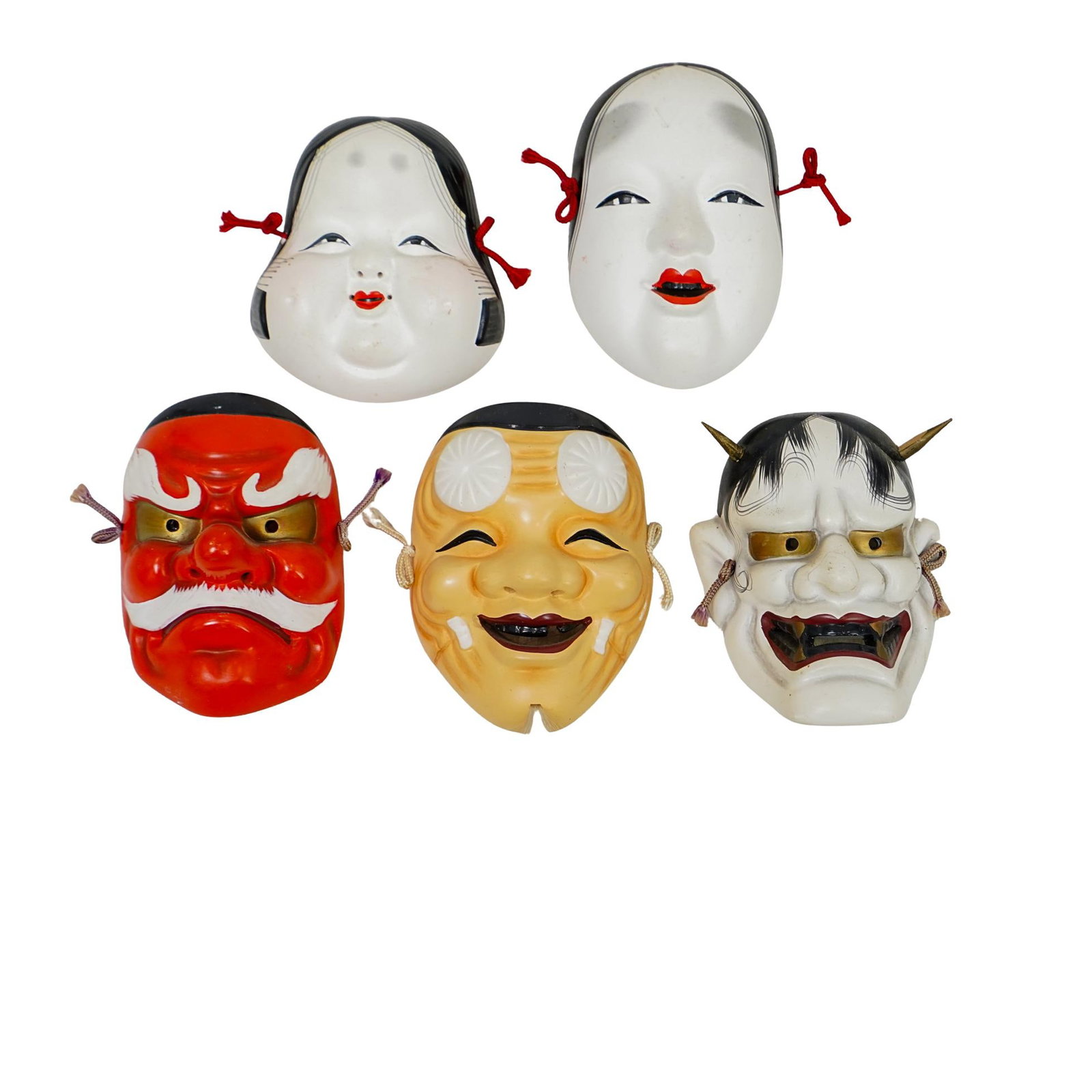 (5 pcs) Japanese Noh Theater Masks: DESCRIPTION: Miniature Japanese Noh theater masks for decoration. Noh masks are traditionally carved from a single block of wood with intention to draw movement and distinct features while performers 