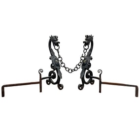 Samuel Yellin Style Wrought Iron Figural Dragon Andirons