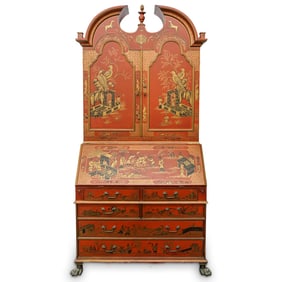 Large Chinoiserie Lacquered Secretary Bookcase Cabinet Desk