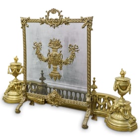 (3pc) French 19th C. Gilt Bronze Fireplace Screen & Andirons (Florida Architecture Mag.)