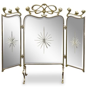 English Art Nouveau Brass Etched Mirror Three-Panel Fireplace Screen