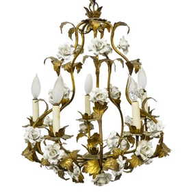 Antique French Chandelier W/ Porcelain Roses