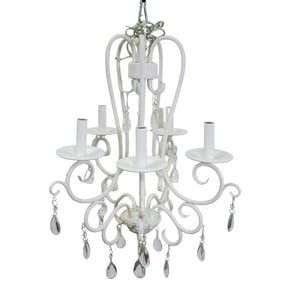 French Five-Arms White Ceiling Chandelier W/ Cut Crystals