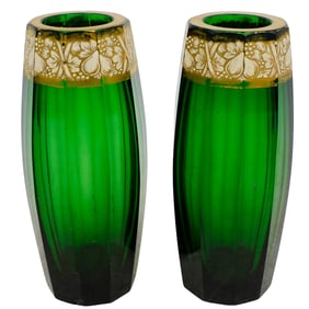 (2 Pc) Moser Cut Glass Emerald Green Vases