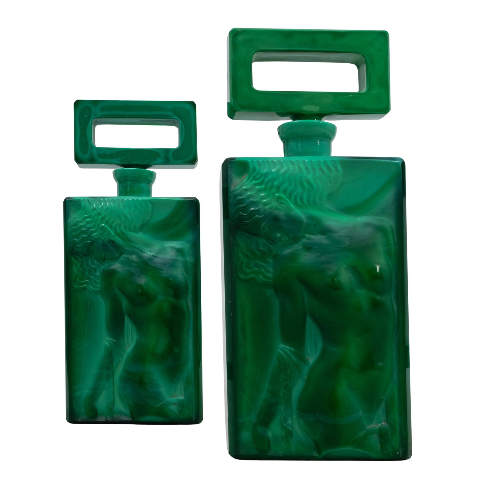 Pair of Art Deco Malachite Glass Perfume Bottles: DESCRIPTION: (2 Pc) Pair of Art Deco malachite glass perfume bottles in rectangular form, with large stopper. The bottle featuring a nude female figure in semi relief attributed to H.Hoffmann. CIRCA: 